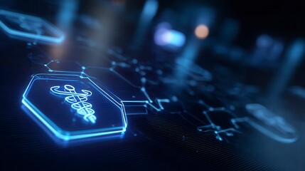Innovative digital healthcare technology with glowing caduceus medical symbol on hexagonal interface against dark blue background with network connections and free copy space