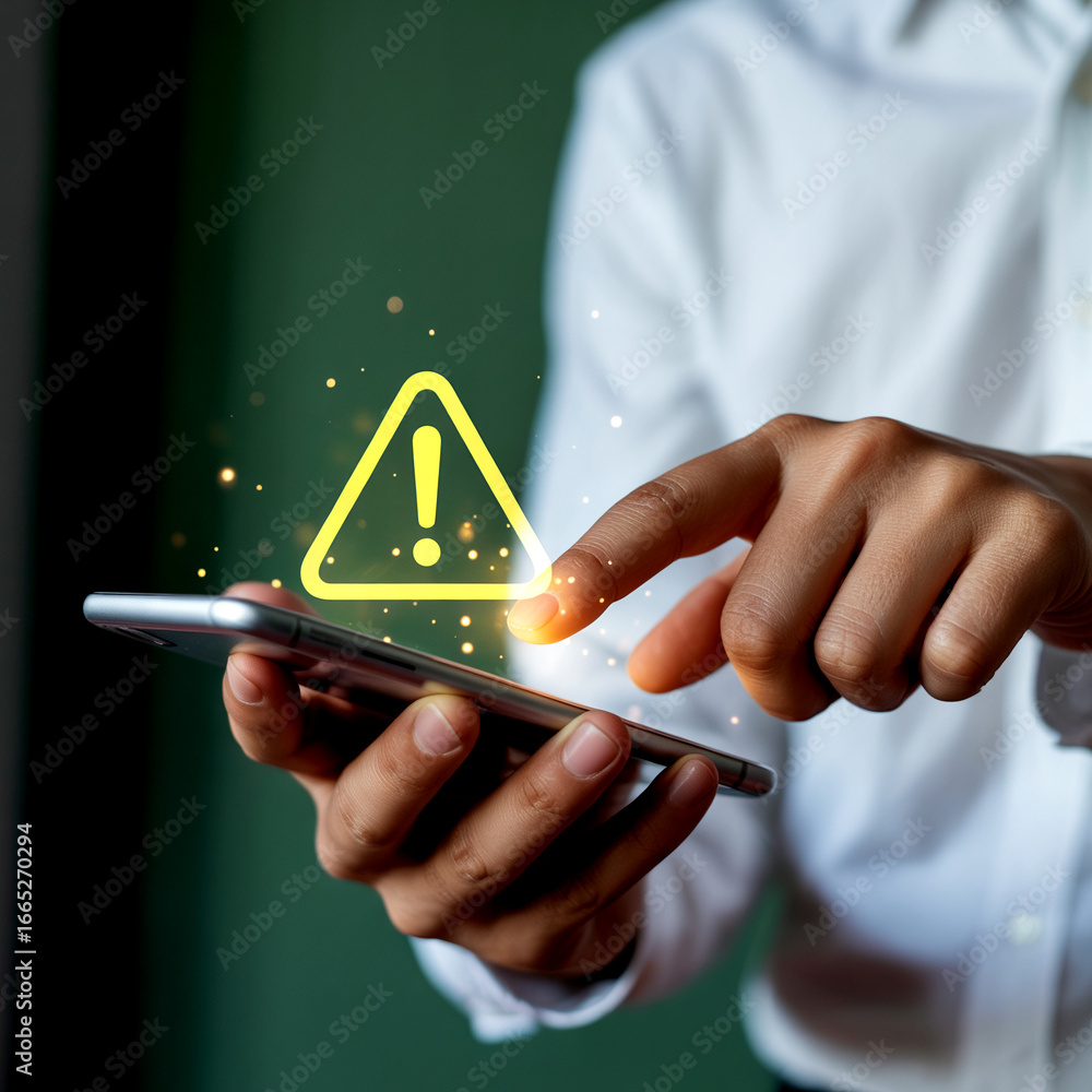Poster mobile security alert concept with exclamation point notification on smartphone screen implying risk