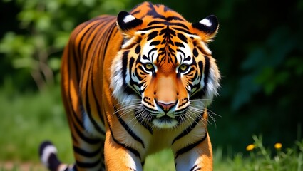 Obraz premium Close-up portrait of a powerful tiger, nose and eyes in sharp focus, background softly blurred to emphasize its regal presence.