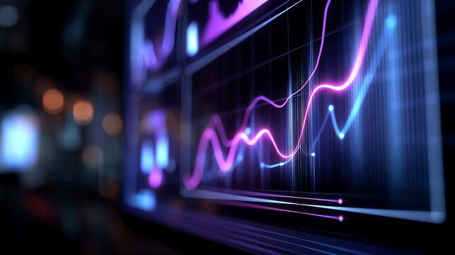 Dynamic digital financial graph with glowing purple and blue trend lines on dark background displaying market analytics data for investment technology
