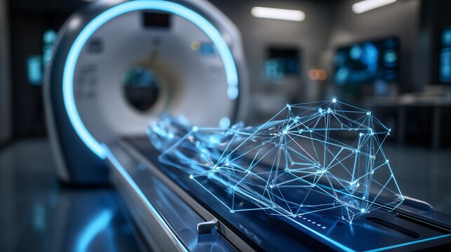 Innovative AI neural network visualization on MRI scanner bed with glowing blue digital brain model in modern hospital radiology department