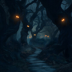 erwunschener Wald in der D&auml;mmerung mit verdrehten B&auml;umen, leuchtenden Augen im Dunkeln und altem Holzpfad, der geheimnisvoll in unheimliche Schatten f&uuml;hrt &ndash; mystische Halloween-Szenerie