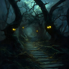 erwunschener Wald in der D&auml;mmerung mit verdrehten B&auml;umen, leuchtenden Augen im Dunkeln und altem Holzpfad, der geheimnisvoll in unheimliche Schatten f&uuml;hrt &ndash; mystische Halloween-Szenerie