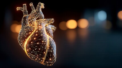 Innovative digital wireframe heart model glowing with golden light against dark background showcasing advanced medical technology in cardiology research with free copy space