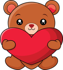Fototapeta premium Cute cartoon brown bear embraces a big red heart against a white background