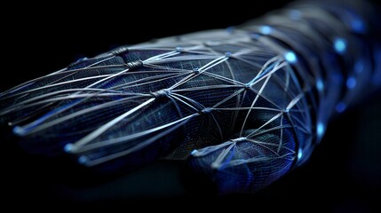 Futuristic digital neural network visualization with glowing blue wireframe structure against black background in technology and artificial intelligence industry