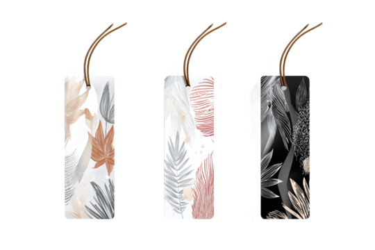 Set of 3 Abstract Leaf Pattern Bookmarks with String, Isolated on White Transparent Background