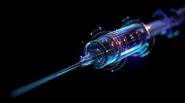 Futuristic glowing glass tube with colorful light particles against black background showcasing advanced technology innovation in quantum computing or fiber optics with free copy space
