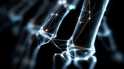 Innovative digital neural network visualization showing glowing blue and white connection points forming abstract body joint structure against black background for technology or medical research