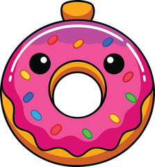 Fototapeta premium Playful donut character with pink icing and colorful sprinkles stares forward on white backdrop