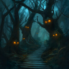 erwunschener Wald in der D&auml;mmerung mit verdrehten B&auml;umen, leuchtenden Augen im Dunkeln und altem Holzpfad, der geheimnisvoll in unheimliche Schatten f&uuml;hrt &ndash; mystische Halloween-Szenerie