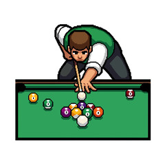 A pixel-art illustration of a focused billiards player executing a precise shot.