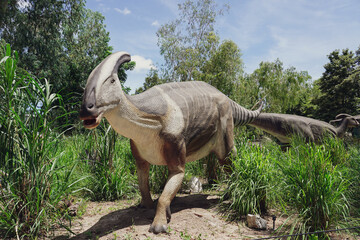 Pattaya​ Dinosaur Kingdom- 8th June 2025: A large dinosaur statue,life-size Parasaurolophus model at Chonburi Province,Thailand. © surasak