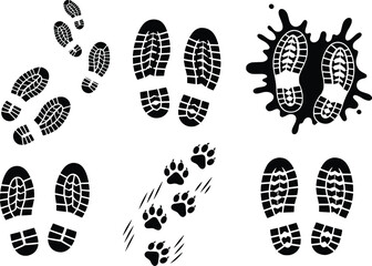 Diverse footprint collection showing various shoe and paw prints in distinct patterns