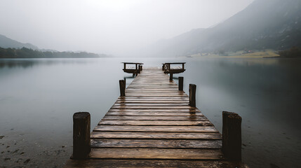 Obraz premium Serene wooden pier extending into tranquil waters on a misty day near mountains