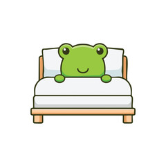 A cute frog rests comfortably on a bed with a cheerful smile. A friendly character brings warmth, inviting comfort and rest