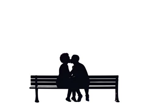 Silhouette of a couple kissing on a park bench for romantic design themes.
