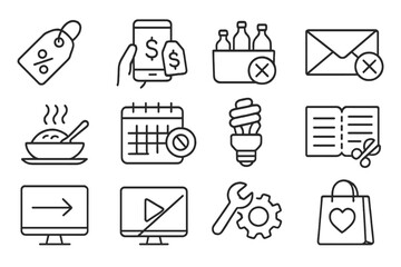 Cost Cutting Icons. Line style icons of cost cutting tips: discount tag, price comparison icon, bulk purchase, unsubscribe icon,