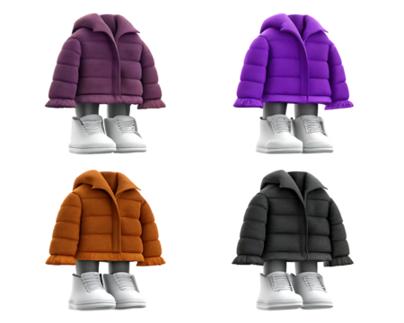 Puffer jacket set violet brown isolated on a transparent background