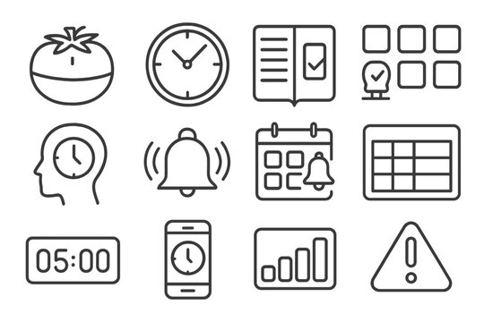 Home Time Management Icons. Line style icons of time management at home: pomodoro timer, wall clock, daily planner, task slots,
