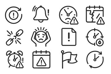 Deadline Icon Set. Line style icons of late and missed deadlines: red overdue icon, missed bell, sad face clock, broken planner,