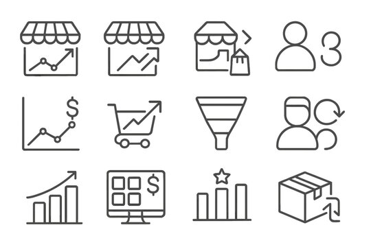 Store Analytics Icons. Line style icons of store analytics: traffic graph, conversion rate icon, bounce rate symbol, visitor count