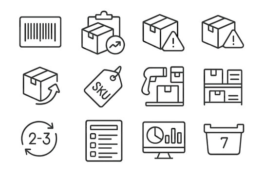 Inventory Line Icons. Line style icons of inventory management: product barcode, stock count, low inventory warning, product