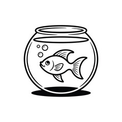 Hand drawn illustration of a single goldfish swimming in a round fishbowl