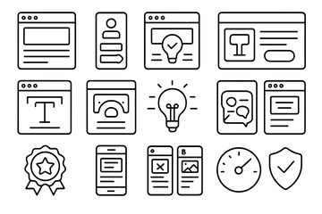 Landing Page Icons. Line style icons of landing page optimization: landing page layout, conversion form, call-to-action button,