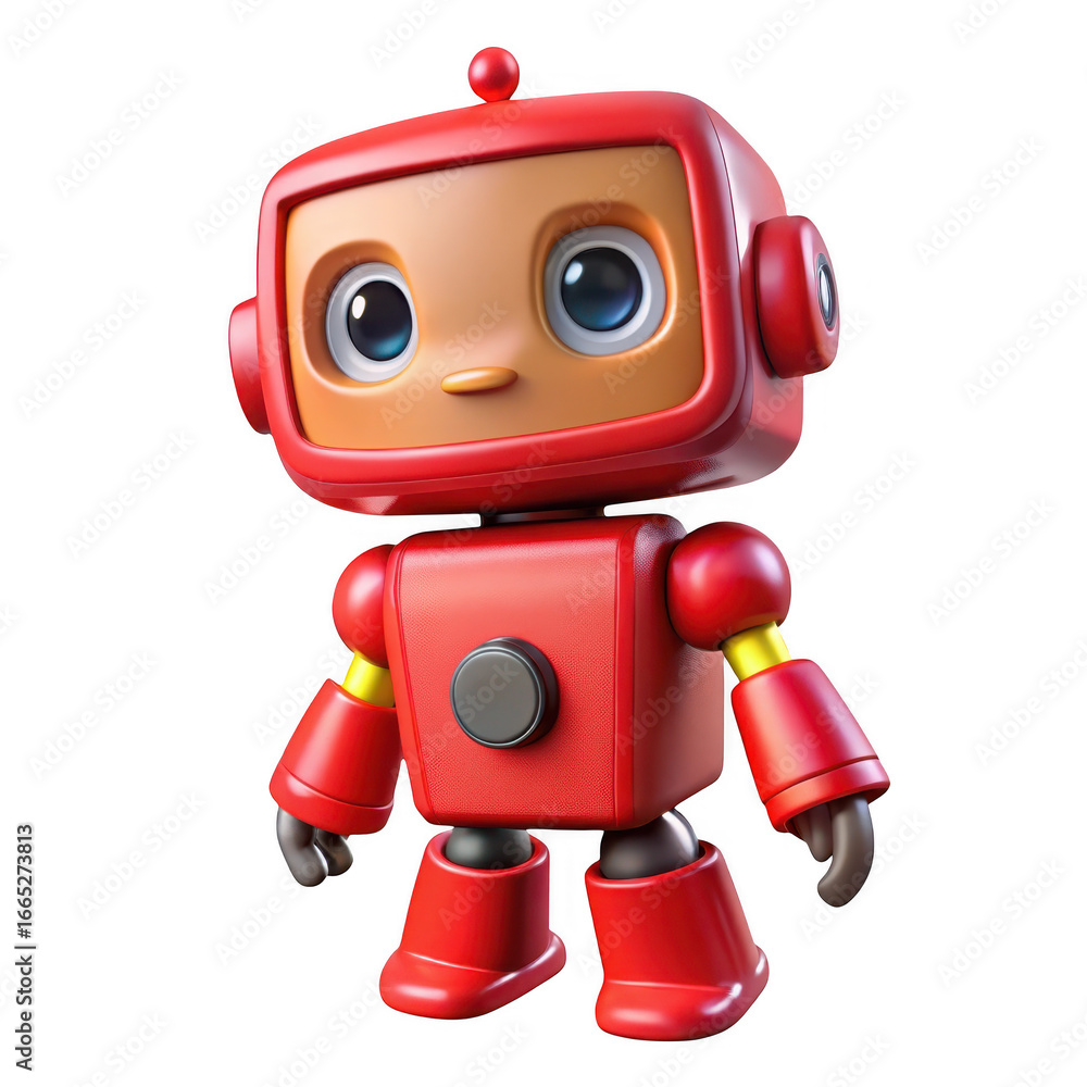 Aufkleber 3d adorable red robot character with big eyes front view transparent background