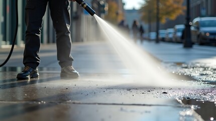 Close up of a person pressure washing a dirty sidewalk on a sunny day with water spraying and creating mist