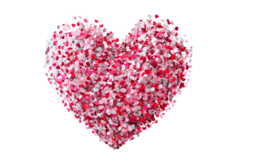 Heart made of red and pink confetti, isolated on white transparent background