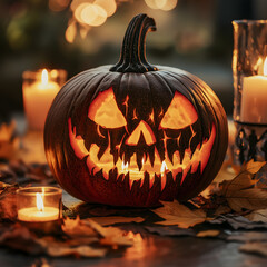 Nahaufnahme eines geschnitzten Halloween-K&uuml;rbis mit gruseligem Grinsen, von innen leuchtend, neben flackernden Kerzen und Herbstbl&auml;ttern &ndash; stimmungsvolle Halloween-Dekoration