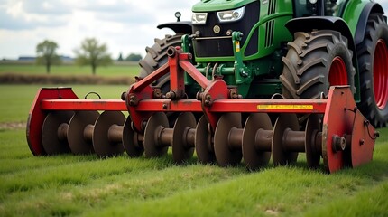 Obraz premium Close up of a bright red heavy duty agricultural disc harrow attached to a powerful green tractor in a vast grassy field on a cloudy day