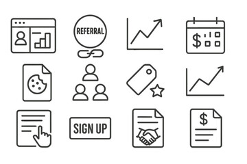 Affiliate Tools Icons. Line style icons of affiliate marketing tools: affiliate dashboard icon, referral link badge, commission