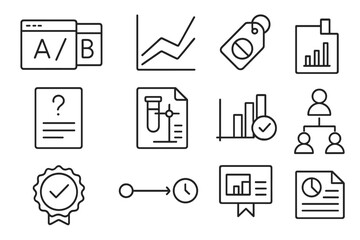 A_B Testing Icons. Line style icons of A/B testing and experiments: variation A vs B icon, split test graph, control group tag,