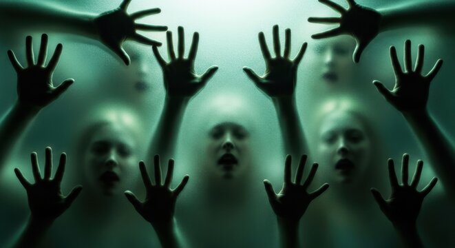 Multiple ghostly figures and hands pressing against a frosted glass window in the dark
