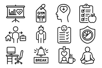 Employee Wellness Icons. Line style icons of employee wellness: wellness program chart, gym membership tag, mental health support