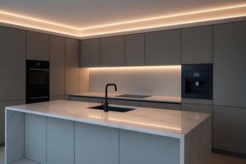 Ultra-modern kitchen with hidden storage, marble island, integrated smart appliances, and ambient LED lighting