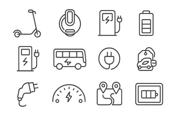 Electric Mobility Icons. Line style icons of electric mobility: e-scooter, electric unicycle, charging dock, battery level icon,