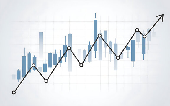 image is a digital illustration of a financial chart, featuring vertical bar graphs and zigzagging line graphs, showcasing a modern, minimalistic aesthetic.
