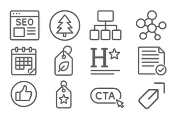 SEO Content Icons. Line style icons of content marketing for SEO: SEO blog icon, evergreen article badge, content pillar chart,