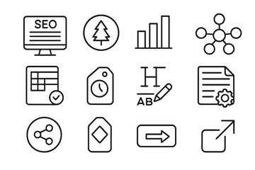 SEO Content Icons. Line style icons of content marketing for SEO: SEO blog icon, evergreen article badge, content pillar chart,
