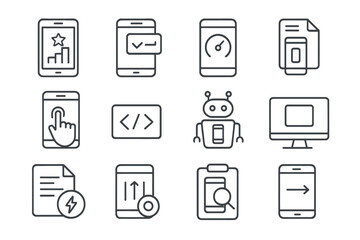Mobile SEO Icons. Line style icons of mobile SEO: mobile ranking icon, mobile-friendly test tag, mobile page speed badge,