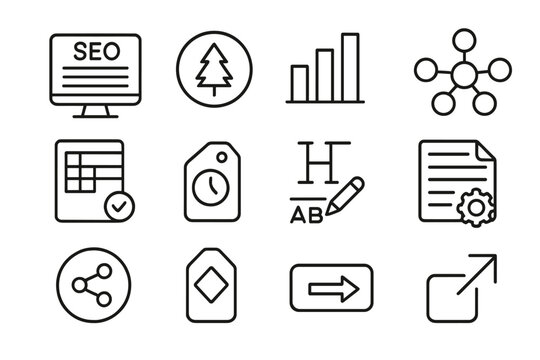 SEO Content Icons. Line style icons of content marketing for SEO: SEO blog icon, evergreen article badge, content pillar chart,