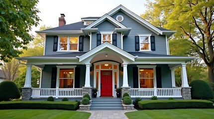 Beautifully maintained victorian style home with a welcoming red front door and a spacious wrap around porch on a sunny day