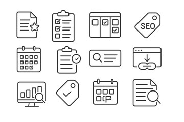 SEO Task Icons. Line style icons of SEO tasks and workflow: task priority file, daily SEO checklist, sprint board icon,