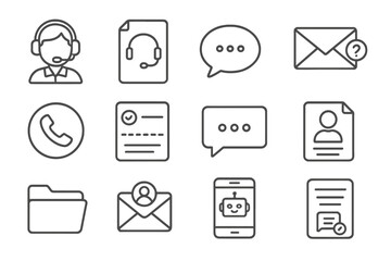 Customer Support Icons. Line style icons of customer support basics: headset agent icon, help desk file, chat support bubble,