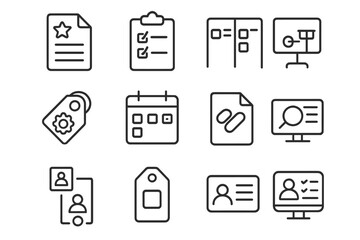 SEO Task Icons. Line style icons of SEO tasks and workflow: task priority file, daily SEO checklist, sprint board icon,