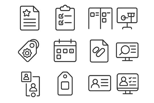 SEO Task Icons. Line style icons of SEO tasks and workflow: task priority file, daily SEO checklist, sprint board icon,